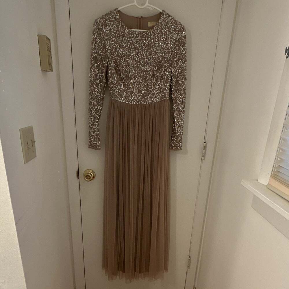 Maya Petite Taupe Sequin Tulle Midi/Maxi Dress Long Sleeve Round Neck 2P